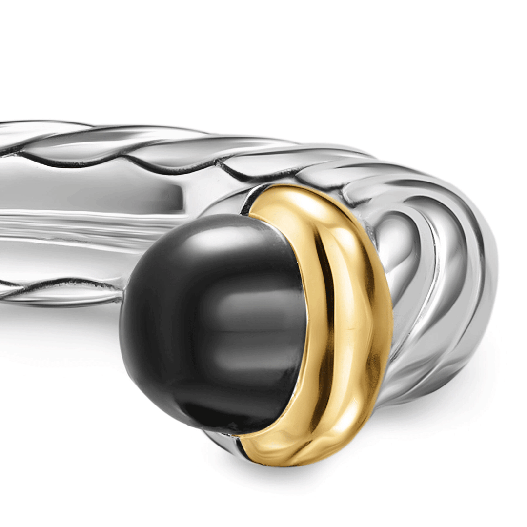 David Yurman Petite Cable Open Ring Sterling Silver with 14K Yellow Gold and Black Onyx, 3.4mm