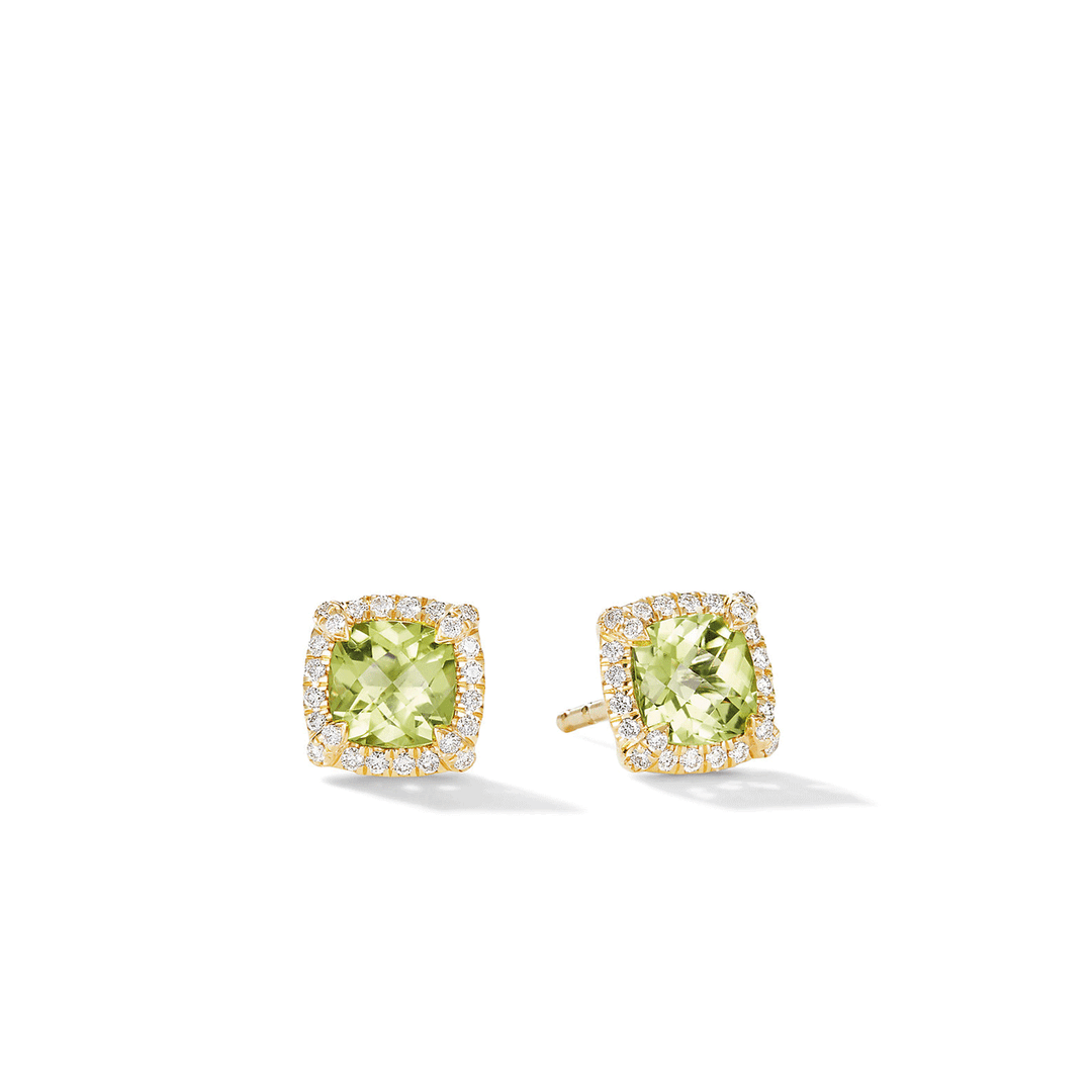 David Yurman Petite Chatelaine Pavé Bezel Stud Earrings in 18k Yellow Gold with Peridot