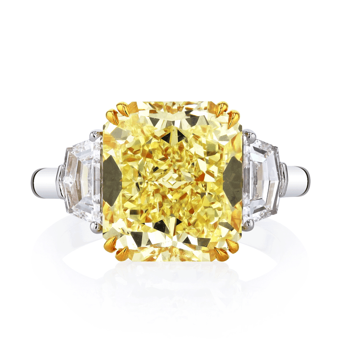 Platinum 18k Yellow Gold and 6.21 Total Weight Fancy Yellow Diamond Three Stone Ring