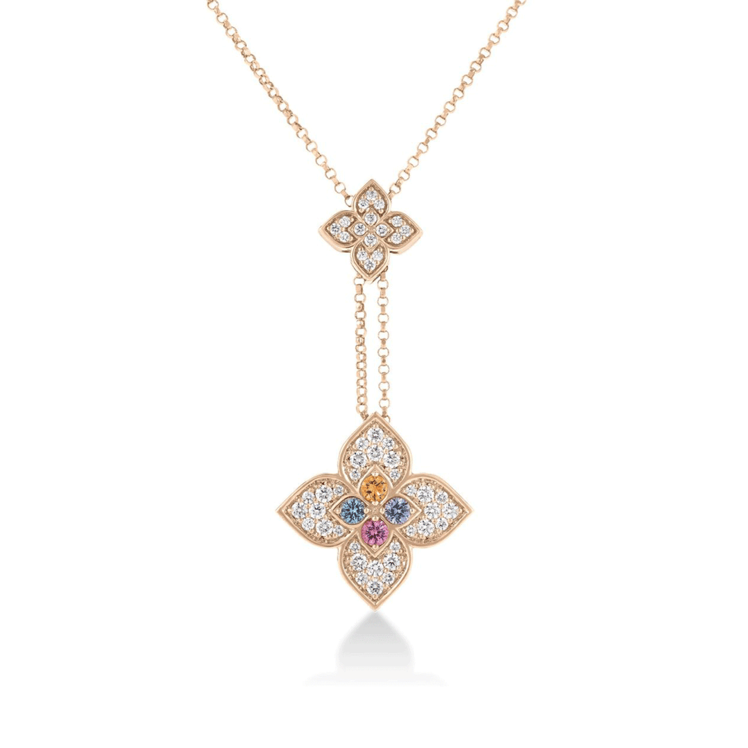 Roberto Coin Venetian Princess Carnival 18k Rose Gold Mixed Stones and Diamond Flower Lariat Necklace