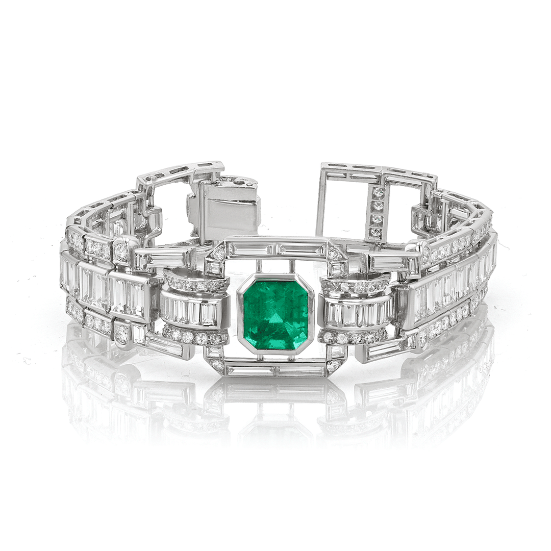 Platinum Emerald Cut Emerald and Diamond Art Deco Style Bracelet