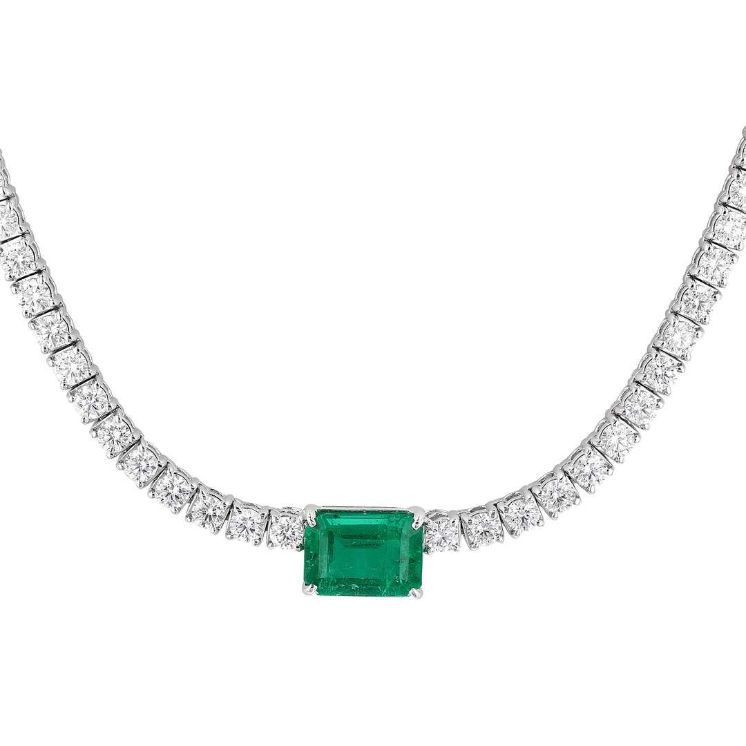 18k Gold Diamond and Emerald 1.46 Total Weight 18 Inch Necklace