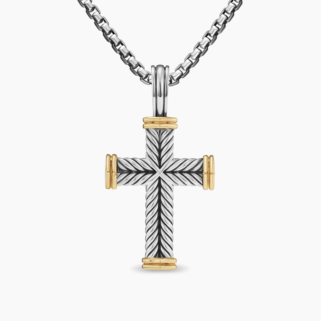 David Yurman Chevron Cross Pendant Sterling Silver with 18k Yellow Gold, 33mm
