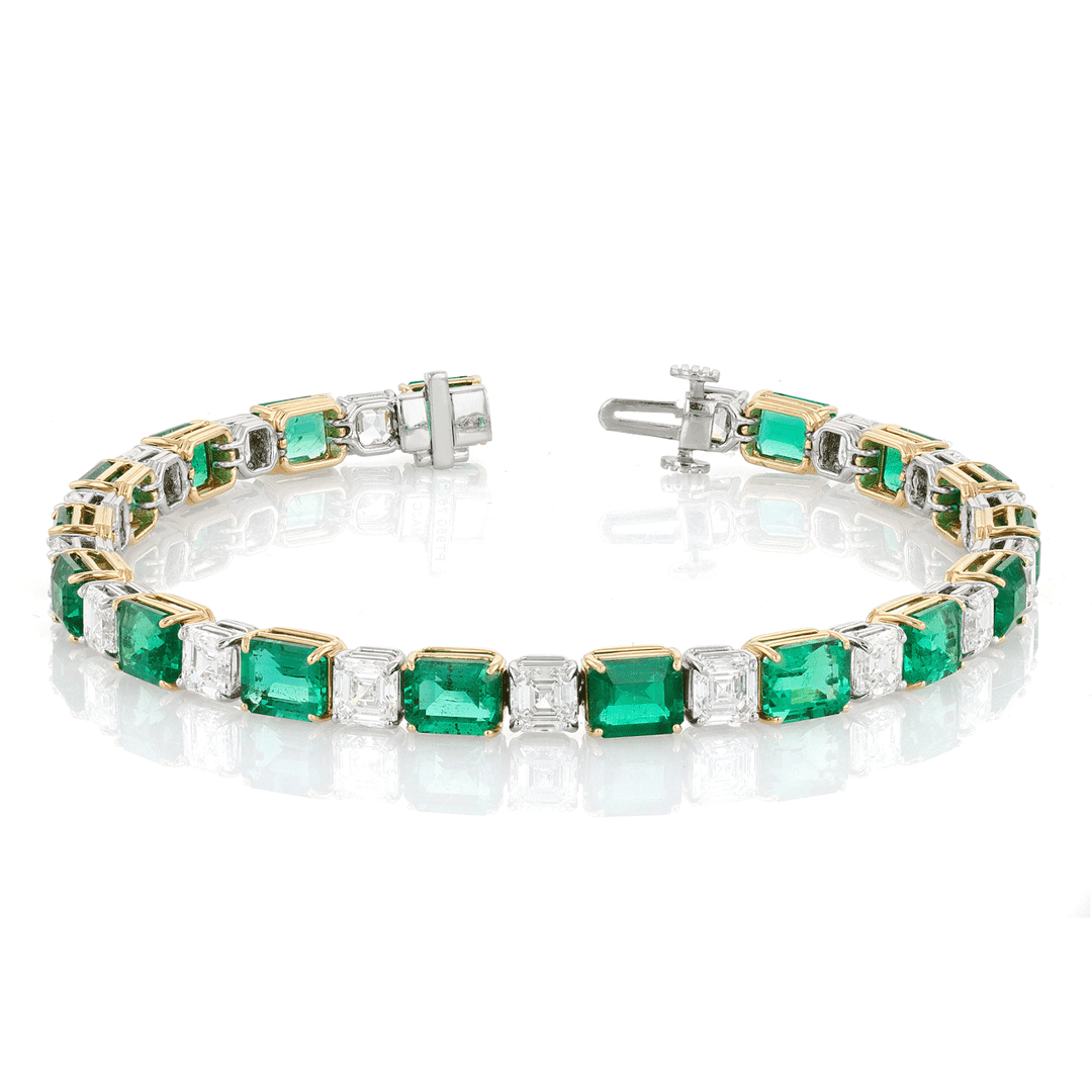Platinum 18k Gold and Emerald Cut Emerald 12.59 and Diamond Bracelet
