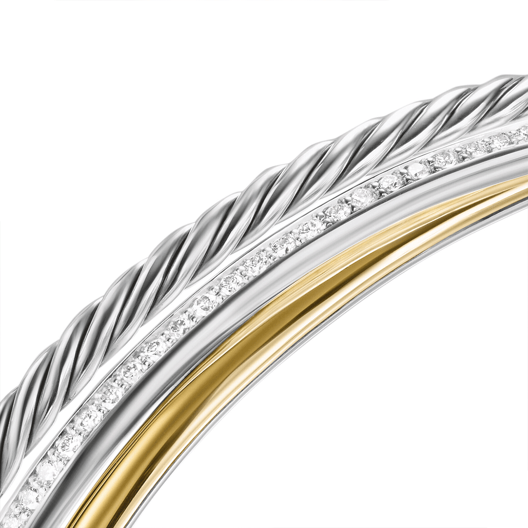 David Yurman Crossover Three Row Bracelet Sterling Silver with 18k Yellow Gold and Diamonds, 11mm
