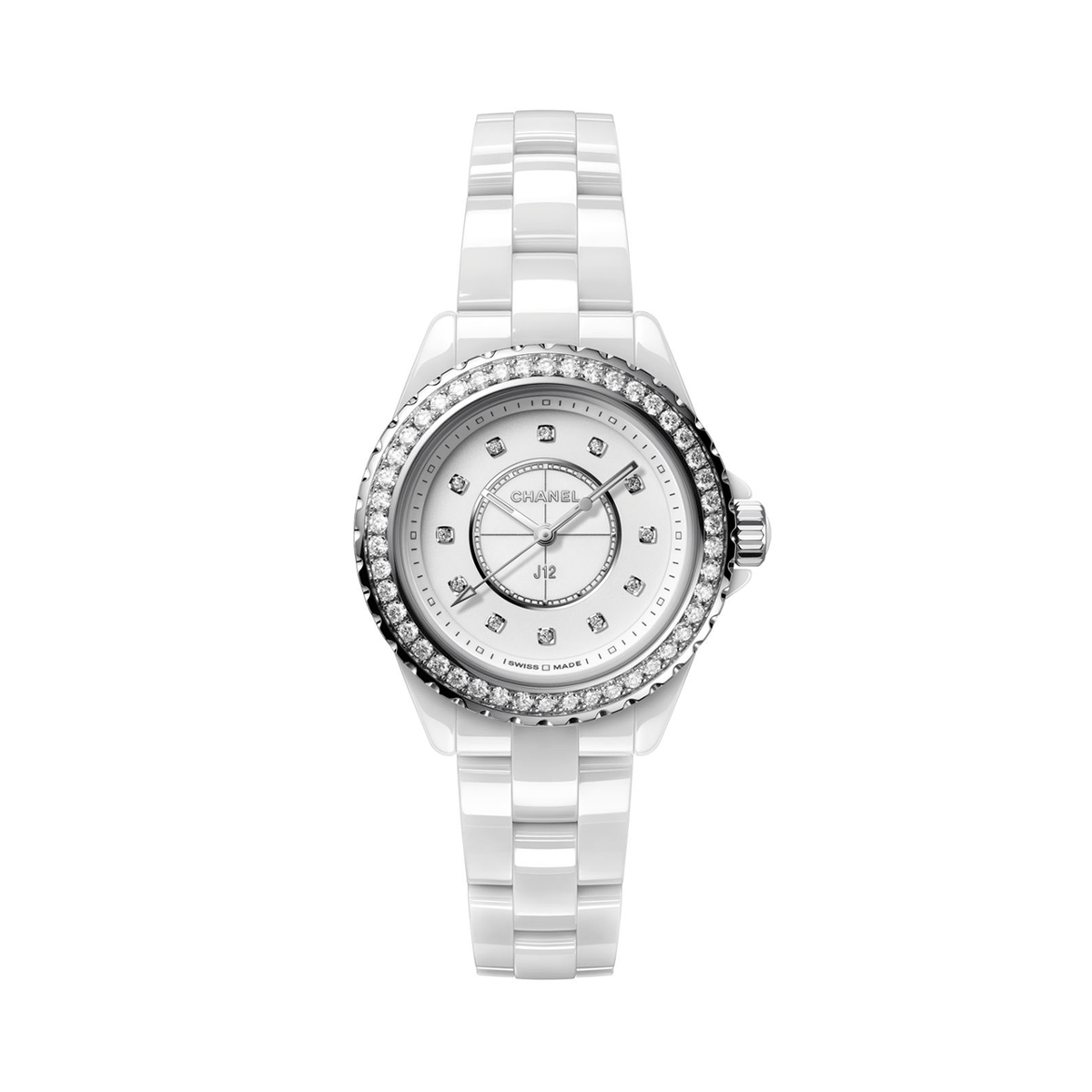 CHANEL 12 Watch 33mm White Ceramic Steel Diamond Bezel and Indicator Watch H6418