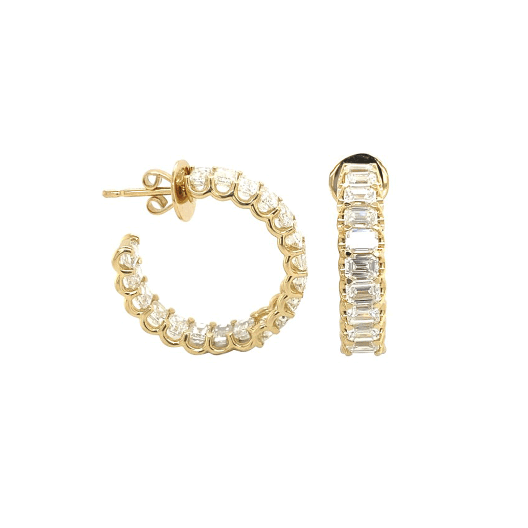 18k Yellow Gold and 7.48 Total Weight Emerald Cut Diamond 25mm Hoops