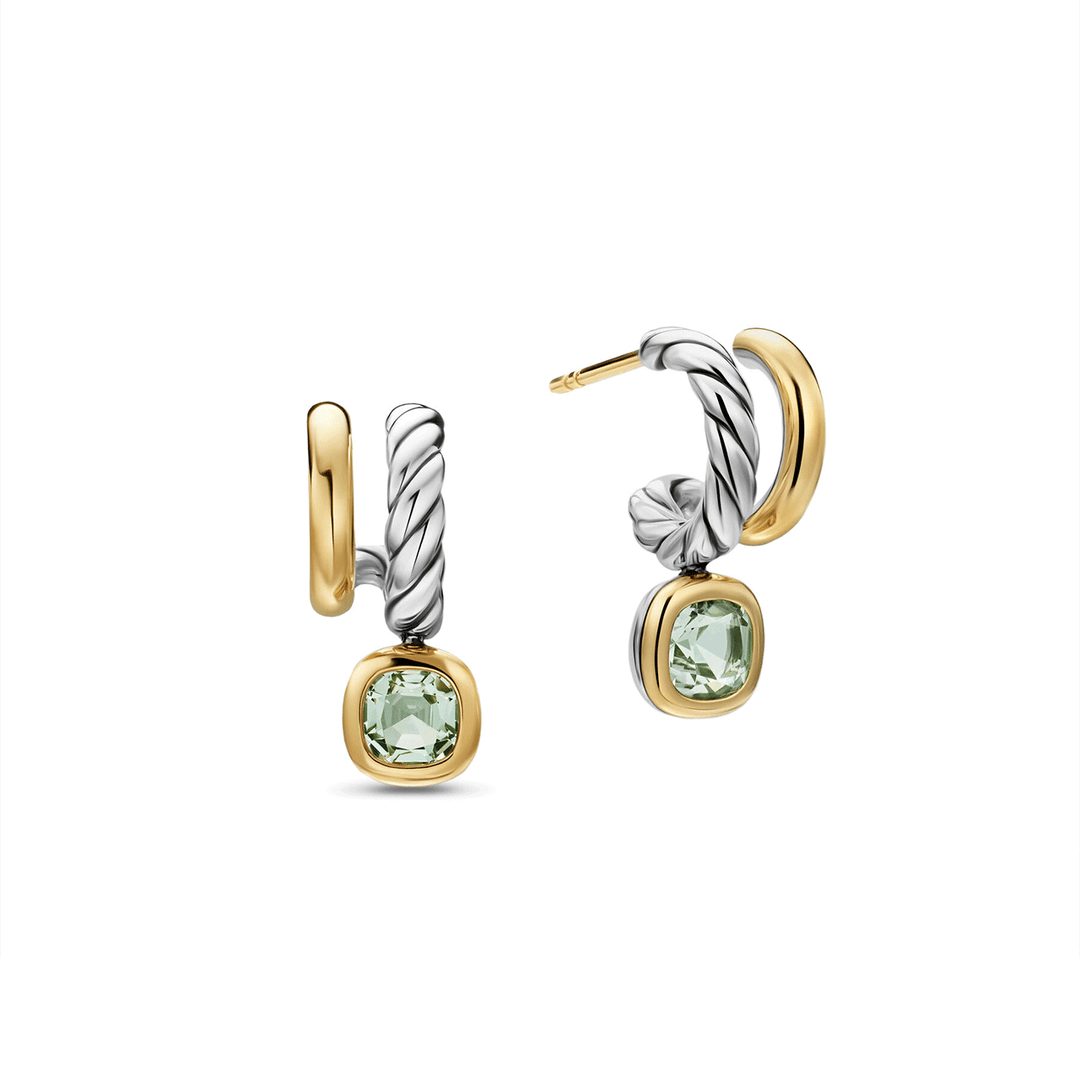 David Yurman DY Mercer® Color Two Row Drop Earrings Sterling Silver with 18K Yellow Gold and Prasiolite, 19.5mm