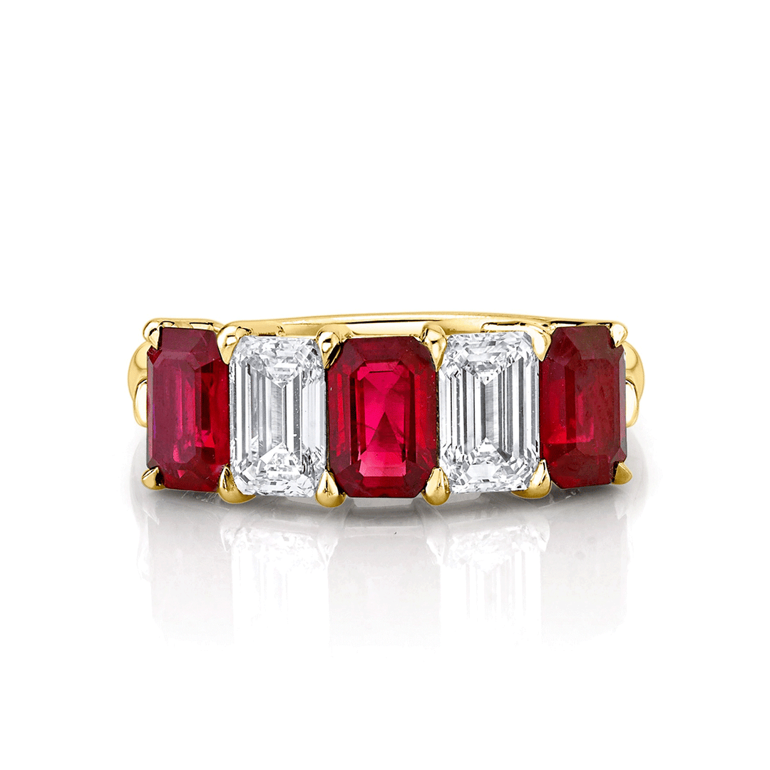 18k Yellow Gold Emerald Cut Ruby and Diamond Alternating Ring