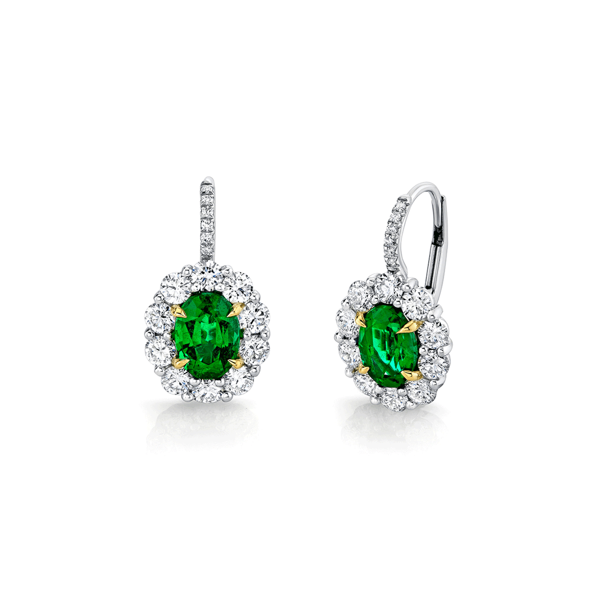 Platinum 18k Yellow Gold and 2.51 Total Weight Oval Cut Emerald Diamond Drop Earrings