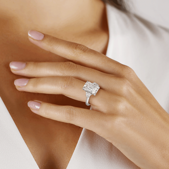 Hamilton Origin Platinum and 5.12 Total Weight Emerald Cut Diamond Engagement Three Stone Ring