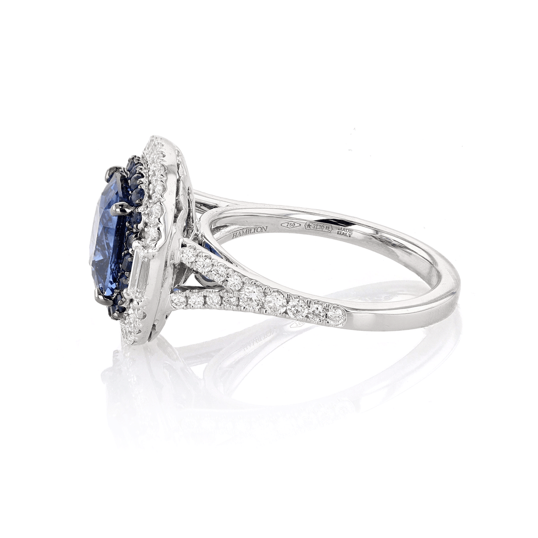 18k White Gold Cushion Sapphire 4.04 Total Weight and Diamond Halo Ring