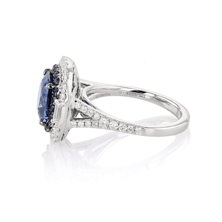 18k White Gold Cushion Sapphire 4.04 Total Weight and Diamond Halo Ring