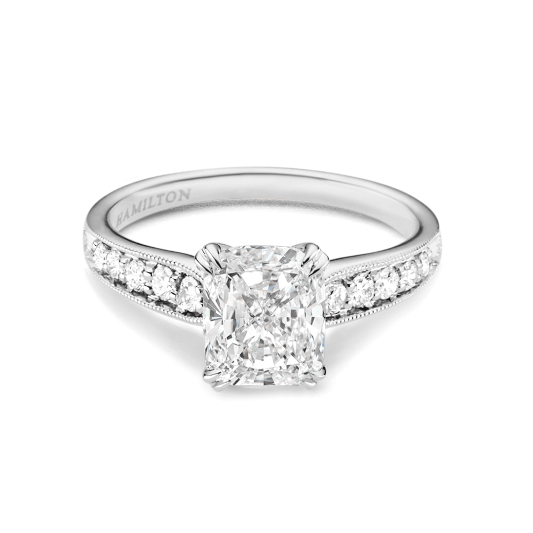Hamilton Cherish Collection 18k White Gold and 0.75 Total Weight Cushion Cut Diamond Milgrain Bead Set Engagement Ring