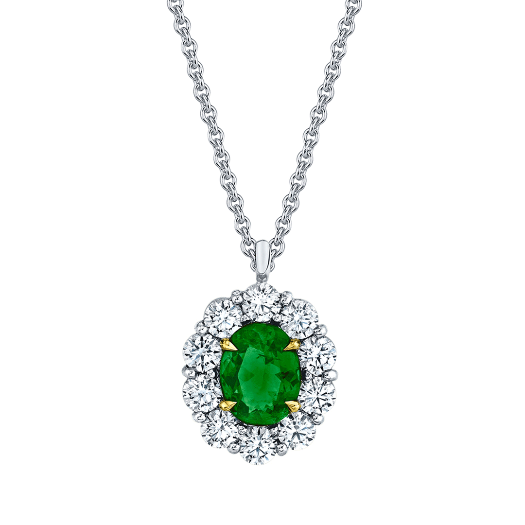 Platinum 18k Yellow Gold and 1.12 Total Weigh Oval Shape Emerald Diamond Pendant