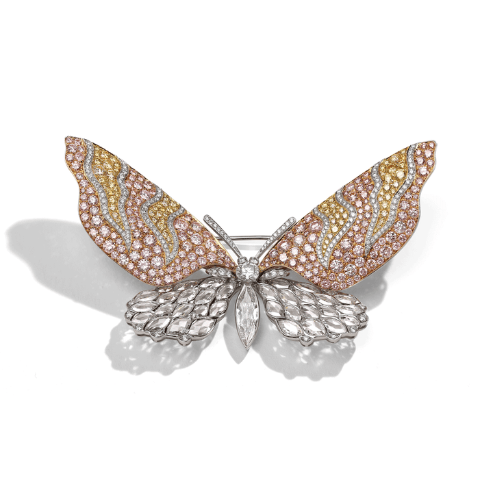 Private Reserve Platinum 18k Yellow Gold and Multi Color Diamond Butterfly Pin
