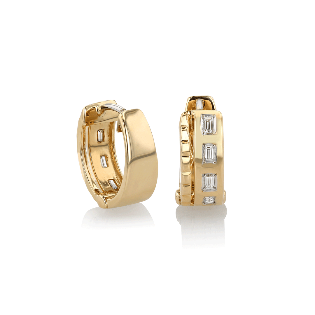 14k Yellow Gold Two Row Baguette Diamond .23 Total Weight Huggie Hoops