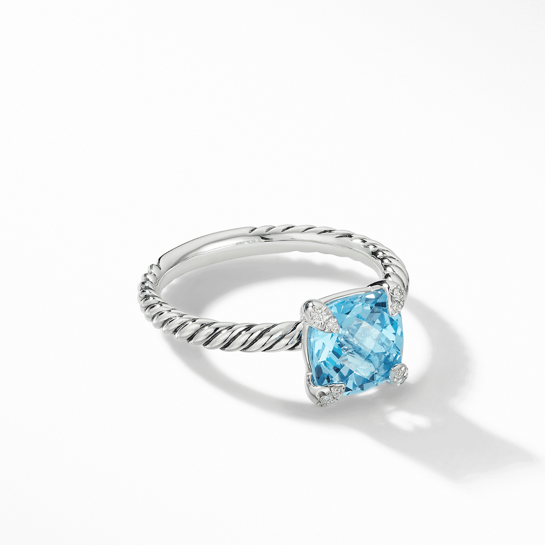 David Yurman Chatelaine Ring Sterling Silver with Blue Topaz and Diamonds, 8mm