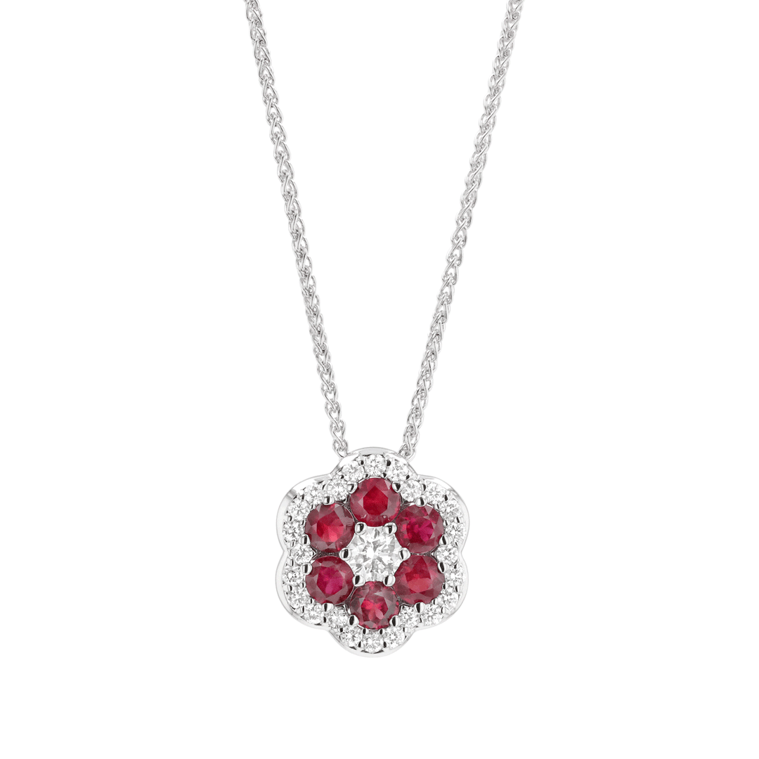 18k White Gold Ruby 1.32 Total Weight and Diamond Halo Pendant