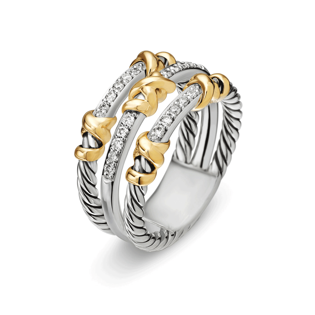 David Yurman Petite Helena Wrap Three Row Ring Sterling Silver with 18K Yellow Gold and Diamonds