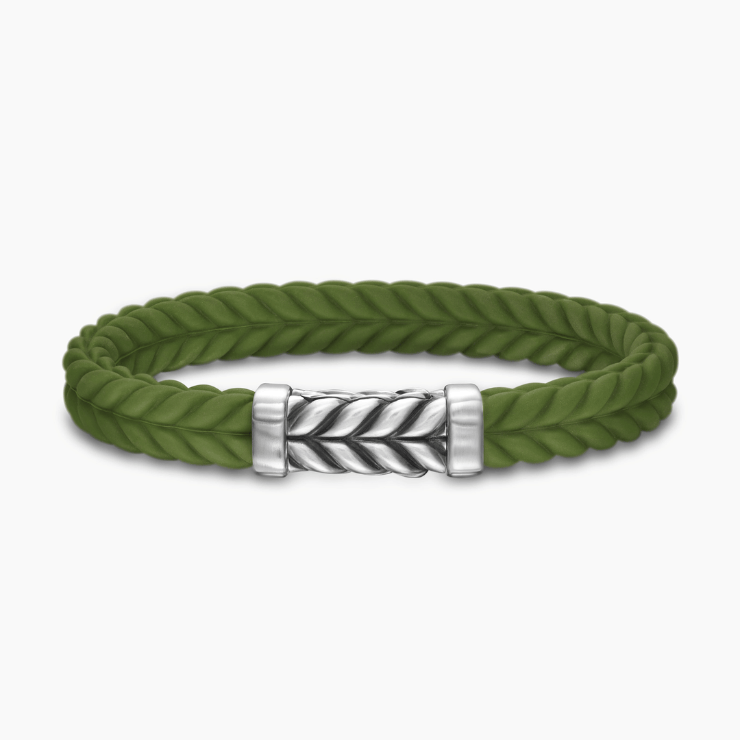 David Yurman Chevron Bracelet Green Rubber with Sterling Silver, 9mm