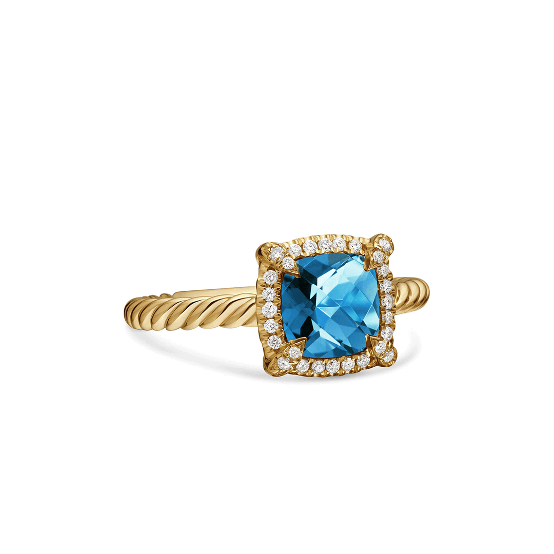 David Yurman Petite Chatelaine® Pavé Bezel Ring 18K Yellow Gold with Hampton Blue Topaz and Diamonds, 7mm