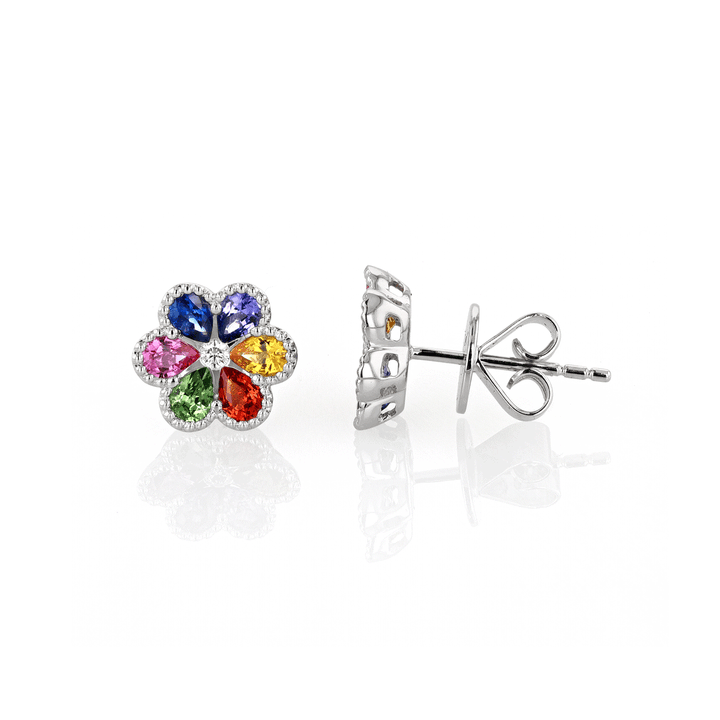 18k Gold Floral Multi Gemstone 1.32 Total Weight Studs