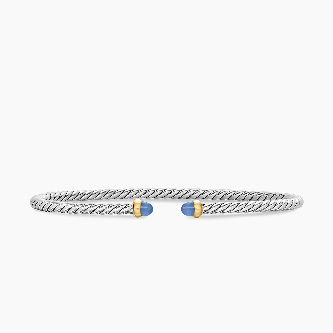 David Yurman Micro Cable Flex Bracelet Sterling Silver with 14k Yellow Gold and Blue Sapphires, 2.6mm