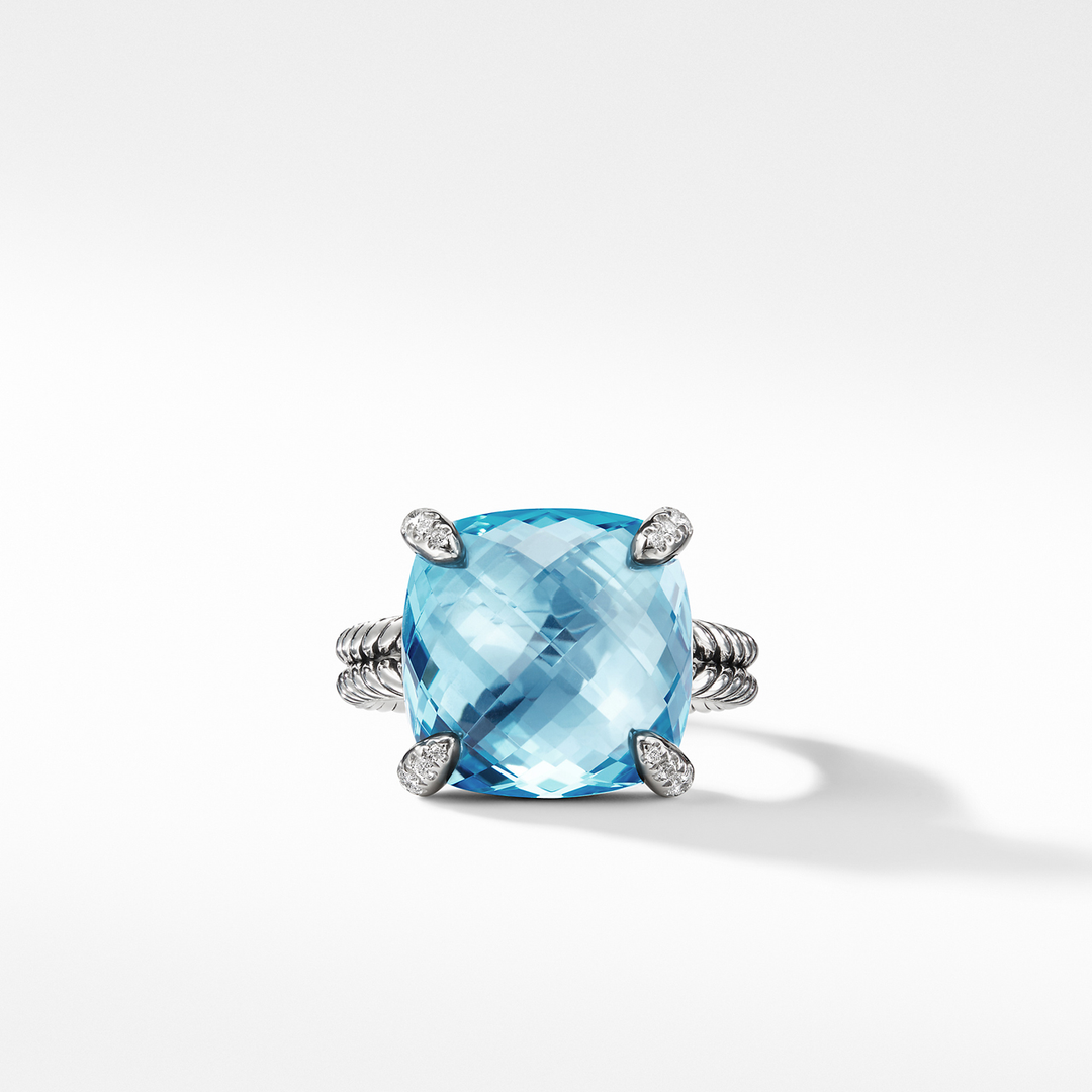 David Yurman Chatelaine Ring Sterling Silver with Blue Topaz and Diamonds, 14mm