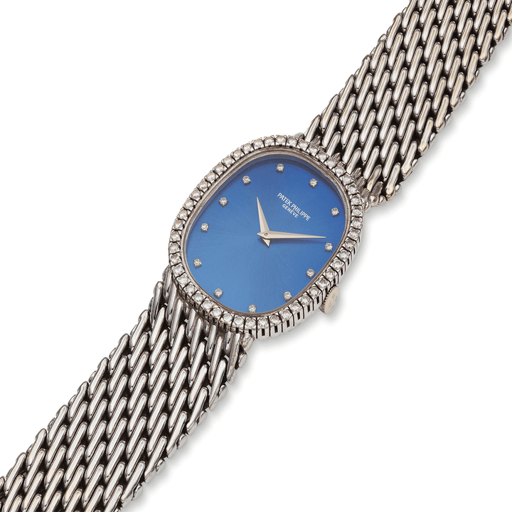 PATEK PHILIPPE WHITE GOLD AND DIAMOND BRACELET WATCH WITH BLUE DIAL, REF. 3748/91G