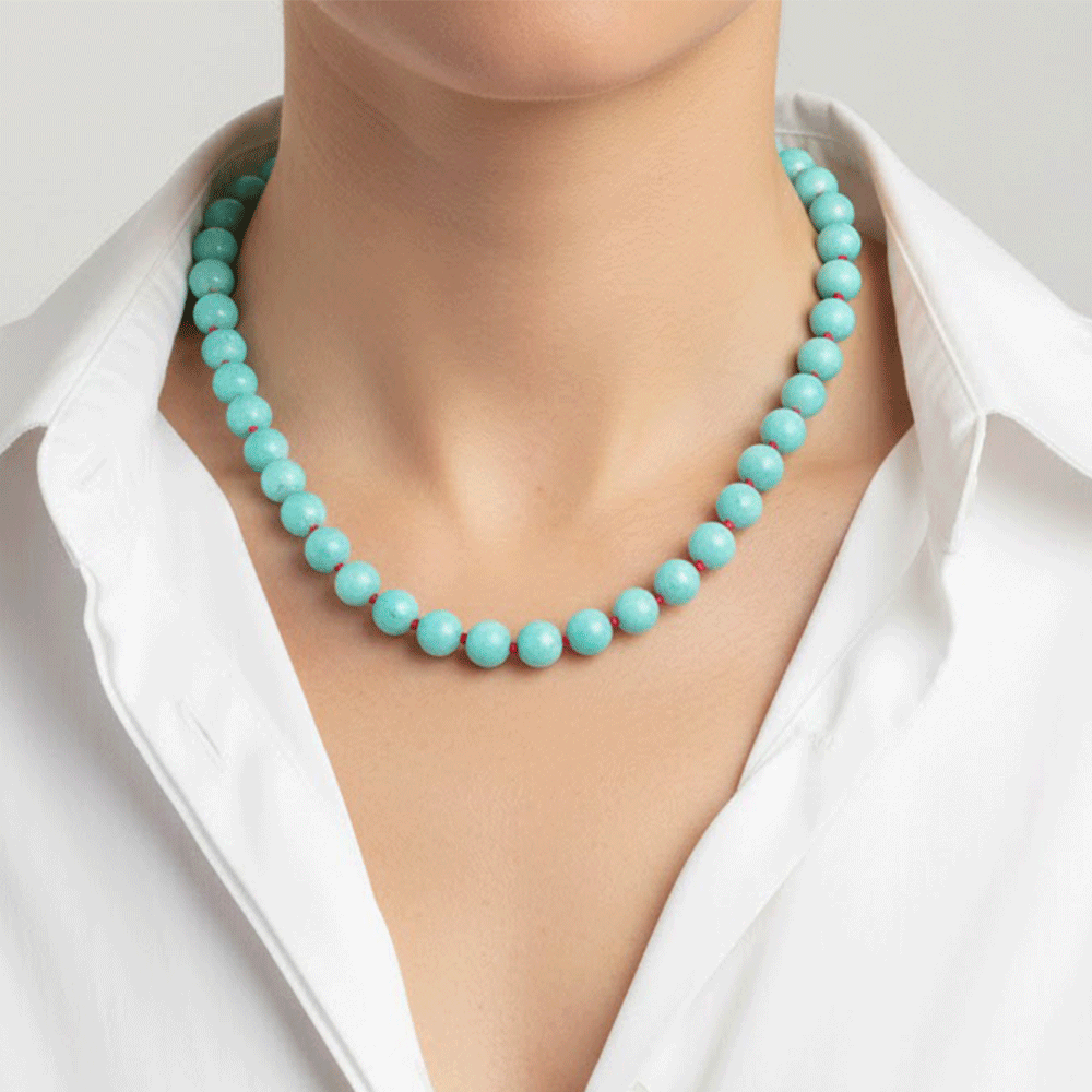 14k Yellow Gold and Amazonite Bead Pink Silk Necklace