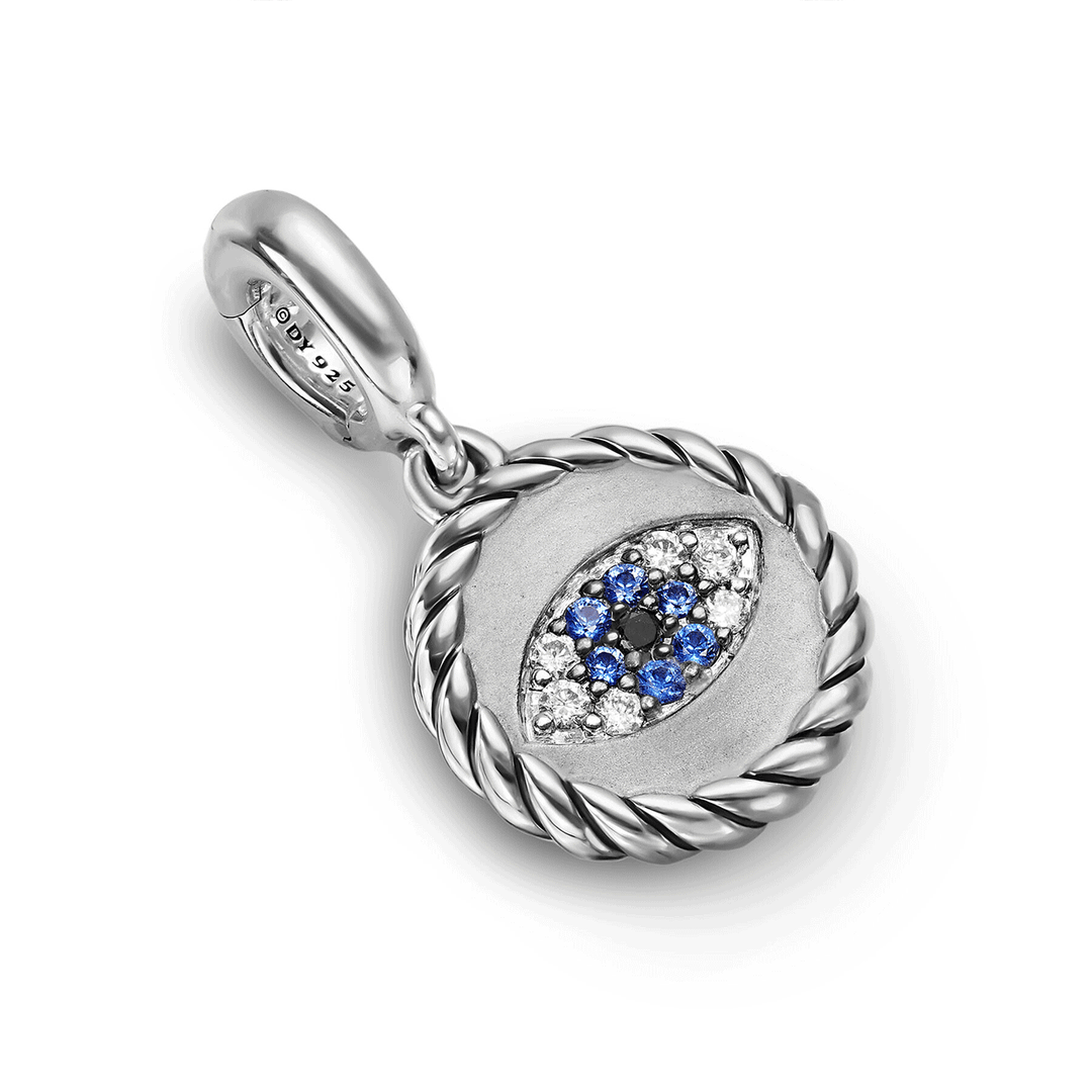 David Yurman Evil Eye Amulet in Sterling Silver with Light Blue Sapphires, Black Diamonds and Diamonds