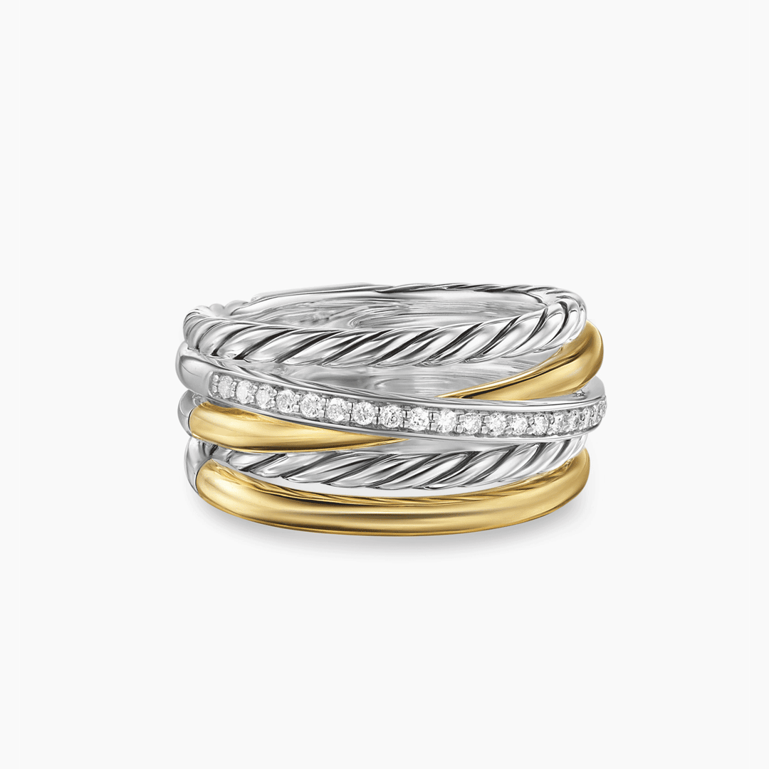 David Yurman Crossover Five Row Ring Sterling Silver with 18k Yellow Gold and Diamonds, 11mm