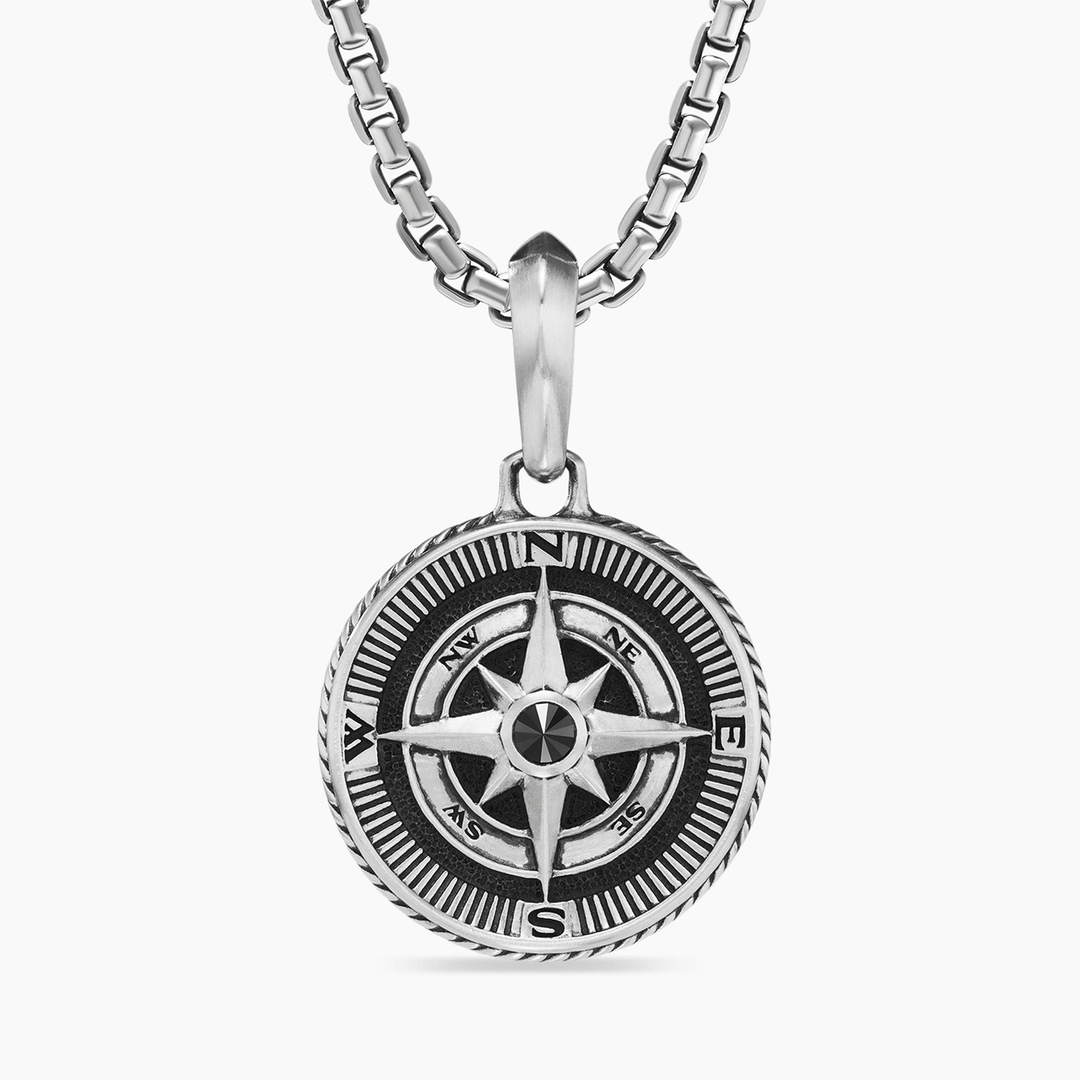 David Yurman Maritime Compass Amulet Sterling Silver with Center Black Diamond, 20mm
