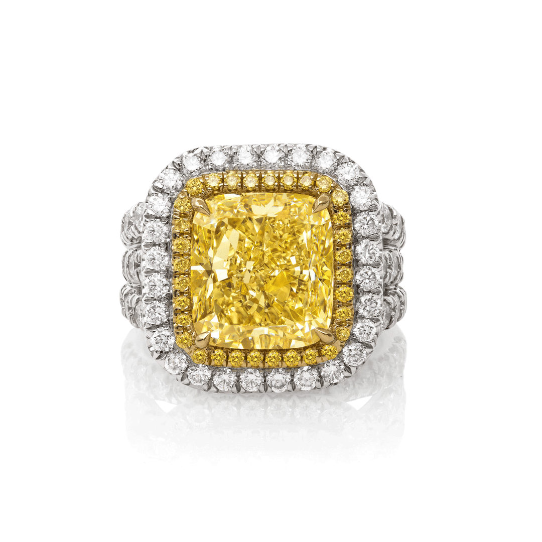 Charles Krypell Platinum 18k Yellow Gold and Cushion Shape Fancy Yellow Diamond 6.30 Total Weight Ring