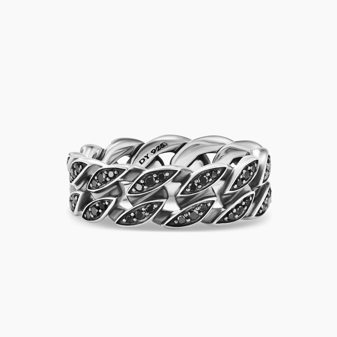 David Yurman Curb Chain Band Ring Sterling Silver with Black Diamonds, 8mm