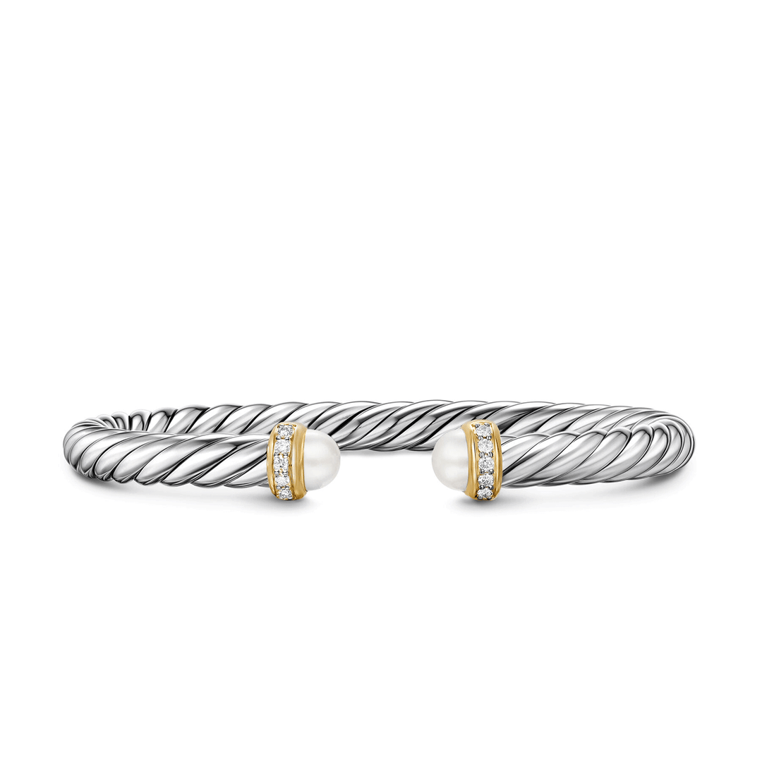David Yurman Sterling Silver with 14K Yellow Gold, Pearls and Diamonds, 6mm Cable Flex® Bracelet