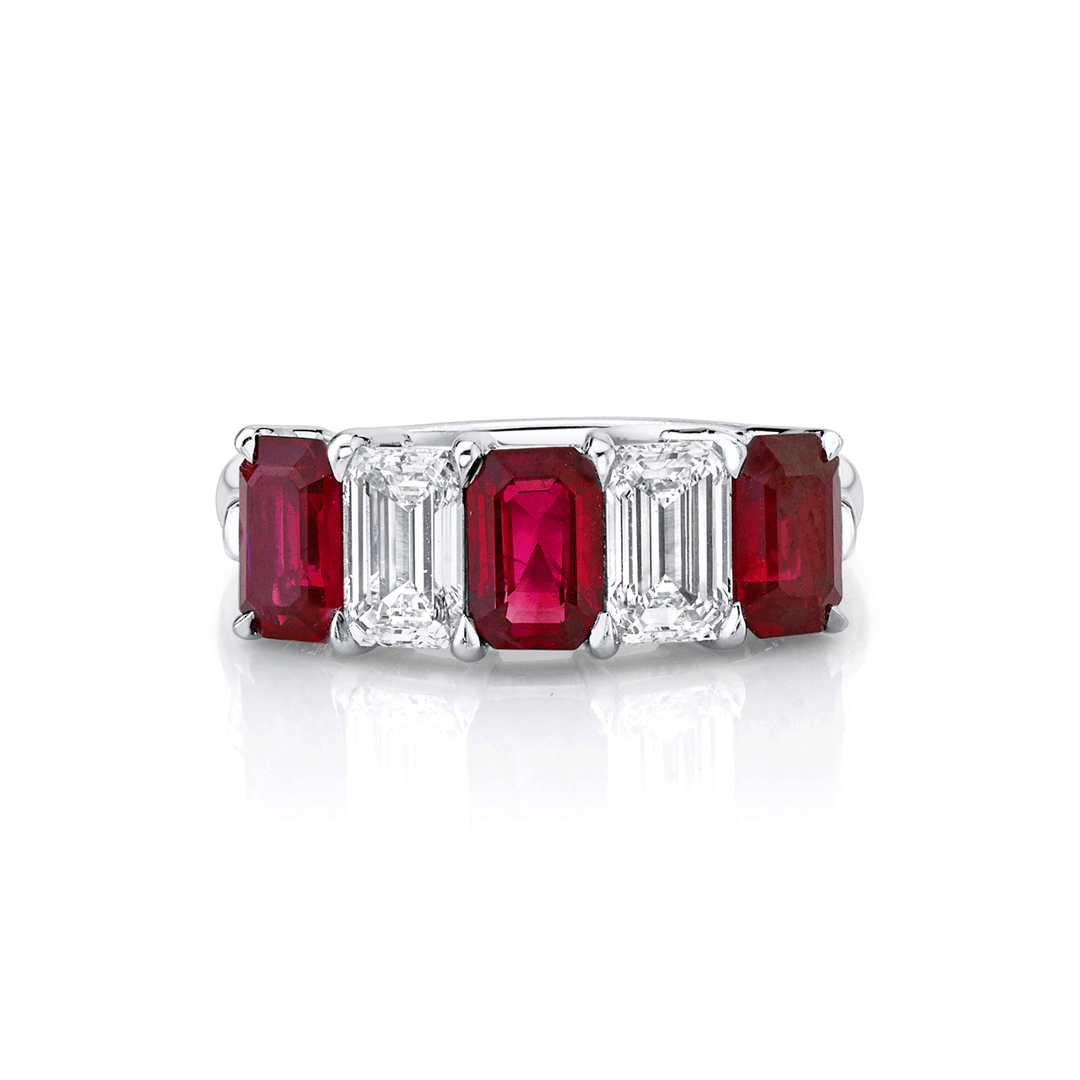 Platinum Ruby 1.97 Total Weight and Emerald Cut Diamond 5 Stone Band