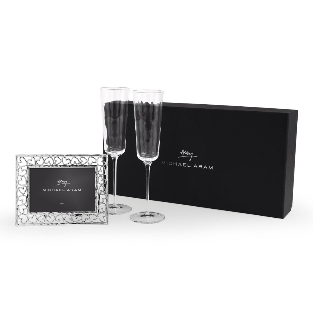 Michael Aram Reflective Champagne Flute & Heart Frame 3.5" x 5" Packaged Gift Set