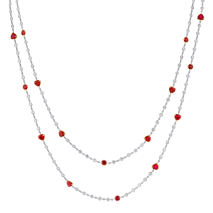 Platinum and 18k Gold Heart Rubies 10.12 Total Weight 51 Inch Necklace