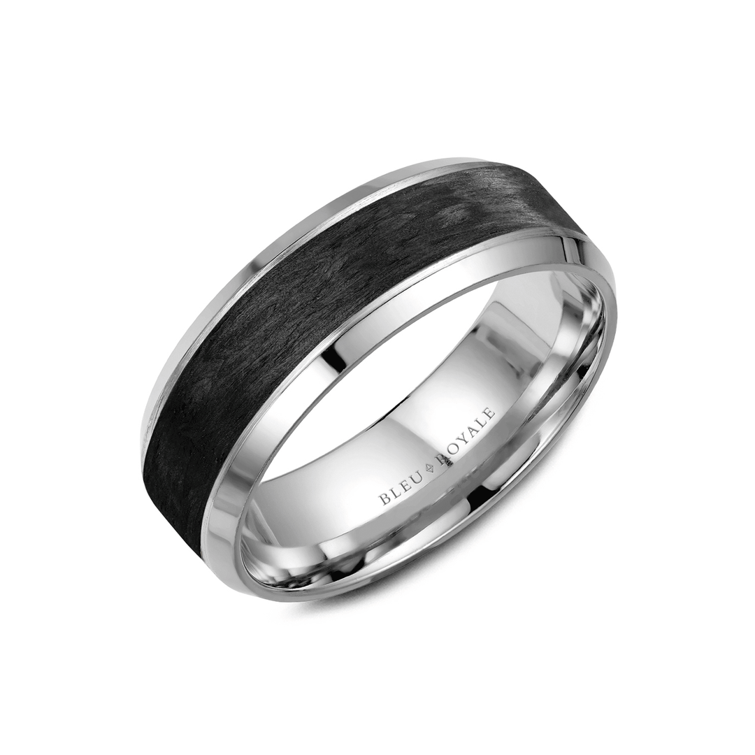 14k White Gold and Forged Carbon Wedding Band