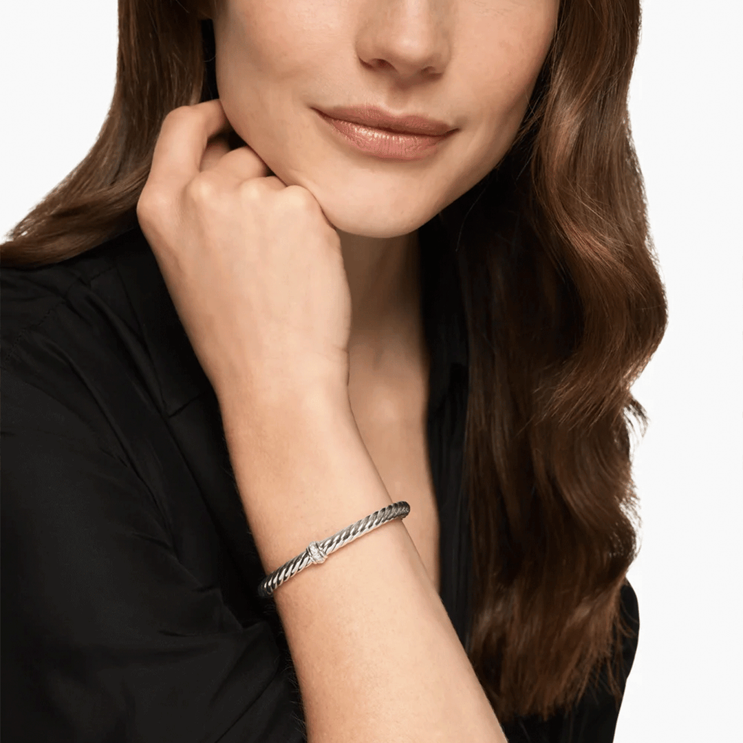 David Yurman Cable Flex Center Station Bracelet Sterling Silver with Diamonds, 6mm