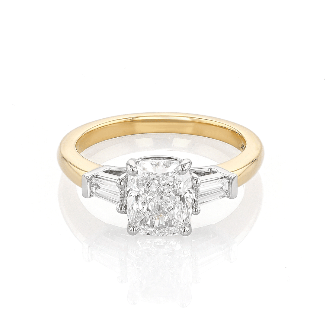 18k Yellow Gold Three Stone Cushion DIamond 2.01 Total Weight Engagement RIng