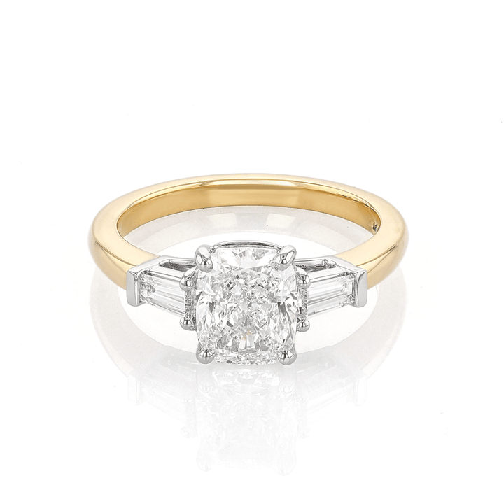 18k Yellow Gold Three Stone Cushion DIamond 2.01 Total Weight Engagement RIng