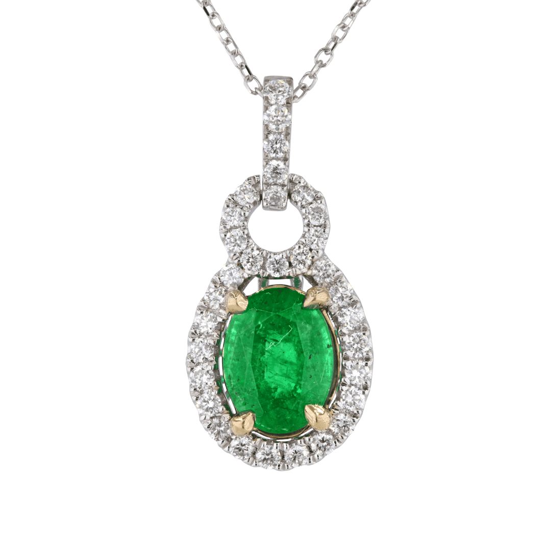 18k Gold Emerald 1.31 Total Weight and Diamond Drop Pendant