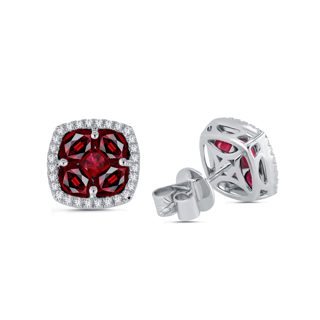 18k Gold 2.57 Total Weight Mosaic Ruby and Diamond Studs