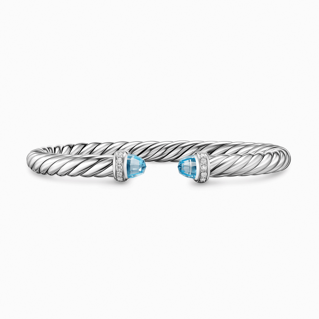 David Yurman Cable Flex Bracelet Sterling Silver with Blue Topaz and Diamonds, 6mm