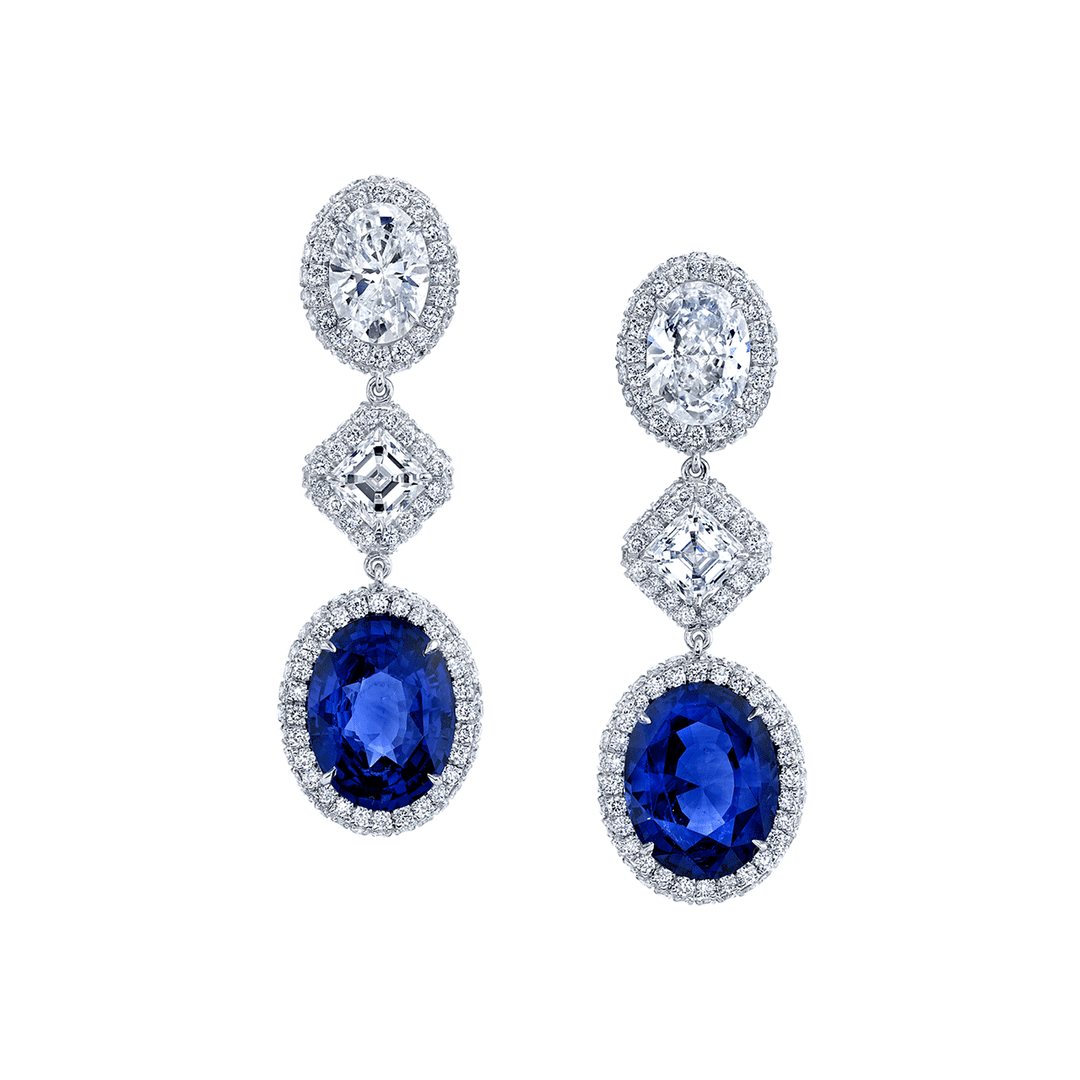 18k White Gold and 8.40 Total Weight Sapphire Diamond Drop Earrings