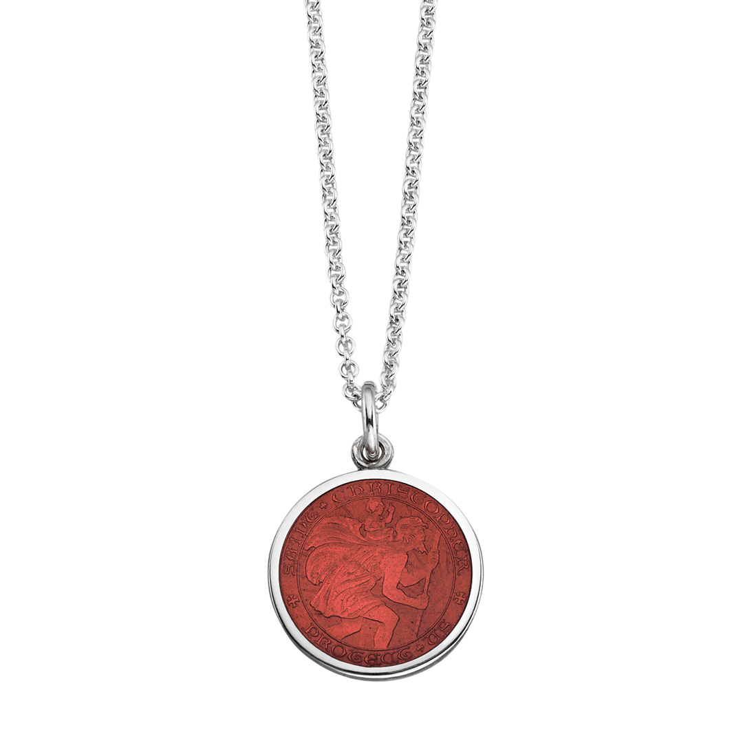 St. Christopher Red Enamel Medal With Chain