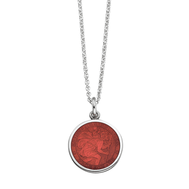 St. Christopher Red Enamel Medal With Chain